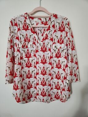 Liz Claiborne Red Blouse with White Elephant Print XL